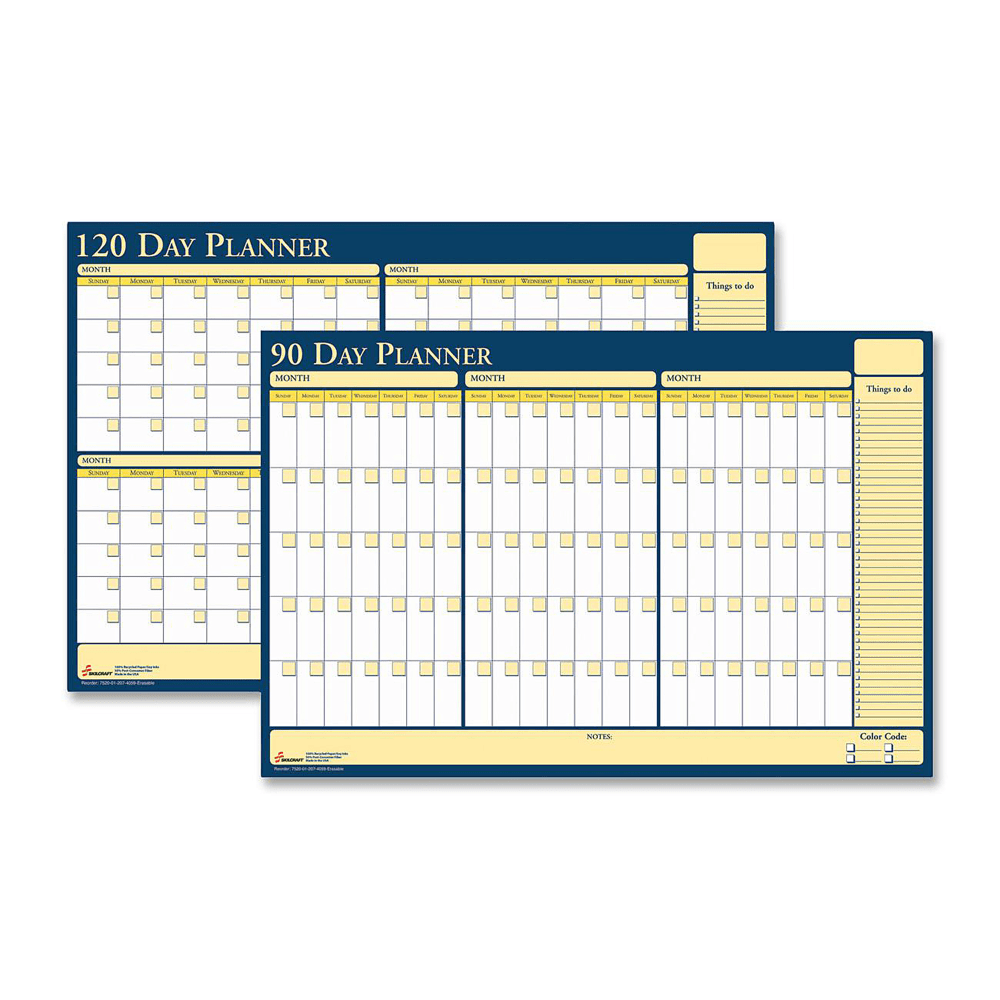 SKILCRAFT Monthly 2-Sided Erasable/Reversible Wall Planner, 36in x 24in, 70% Recycled, Blue/White/Yellow, 90-Day/120-Day (AbilityOne 7520-01-207-4059) MPN:NSN2074059