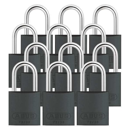 Lockout Padlock, Keyed Alike, Aluminum, Black, 1 in Shackle Height, 1 1/4 in Body Width, 12 PK MPN:72/30 KA X 12