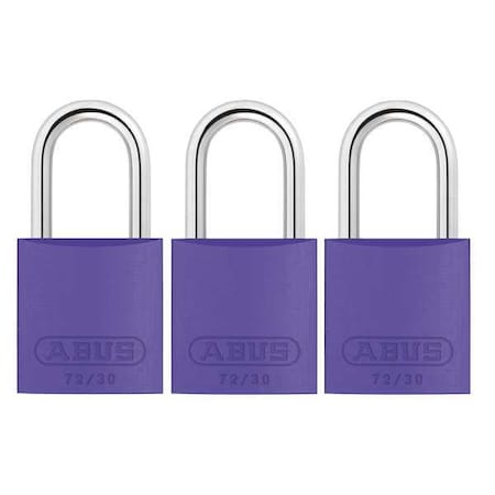 Lockout Padlock, Keyed Alike, Aluminum, Purple, 1 in Shackle Height, 1 1/4 in Body Width, 3 PK MPN:72/30 KA X 3
