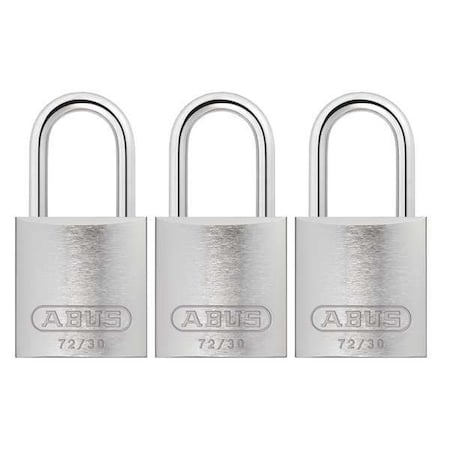 Lockout Padlock, Keyed Alike, Aluminum, Silver, 1 in Shackle Height, 1 1/4 in Body Width, 3 PK MPN:72/30 KA X 3