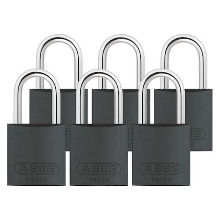 Lockout Padlock, Keyed Alike, Aluminum, Black, 1 in Shackle Height, 1 1/4 in Body Width, 6 PK MPN:72/30 KA X 6
