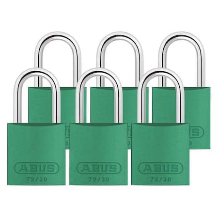 Lockout Padlock, Keyed Alike, Aluminum, Green, 1 in Shackle Height, 1 1/4 in Body Width, 6 PK MPN:72/30 KA X 6