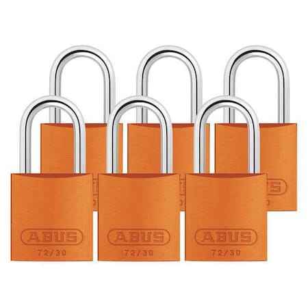Lockout Padlock, Keyed Alike, Aluminum, Orange, 1 in Shackle Height, 1 1/4 in Body Width, 6 PK MPN:72/30 KA X 6