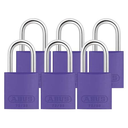 Lockout Padlock, Keyed Alike, Aluminum, Purple, 1 in Shackle Height, 1 1/4 in Body Width, 6 PK MPN:72/30 KA X 6