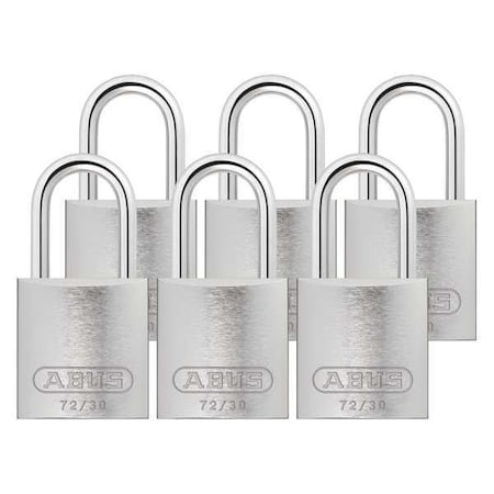 Lockout Padlock, Keyed Alike, Aluminum, Silver, 1 in Shackle Height, 1 1/4 in Body Width, 6 PK MPN:72/30 KA X 6
