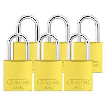 Lockout Padlock, Keyed Alike, Aluminum, Yellow, 1 in Shackle Height, 1 1/4 in Body Width, 6 PK MPN:72/30 KA X 6