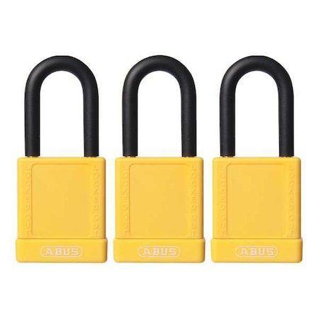 Lockout Padlock, Keyed Alike, Plastic-Covered Aluminum, Yellow, 1 1/2 in Shackle Height, 3 PK MPN:74/40 KAX3 YELLOW