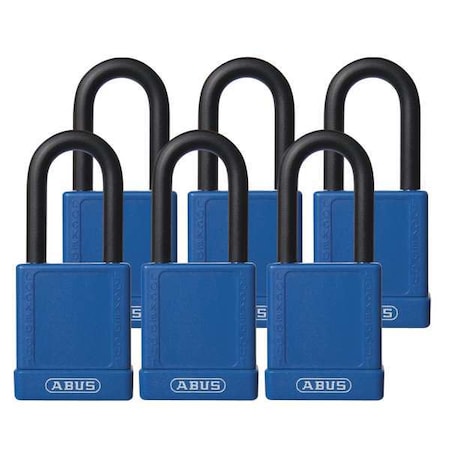 Lockout Padlock, Keyed Alike, Plastic-Covered Aluminum, Blue, 1 1/2 in Shackle Height, 6 PK MPN:74/40 KAX6 BLUE