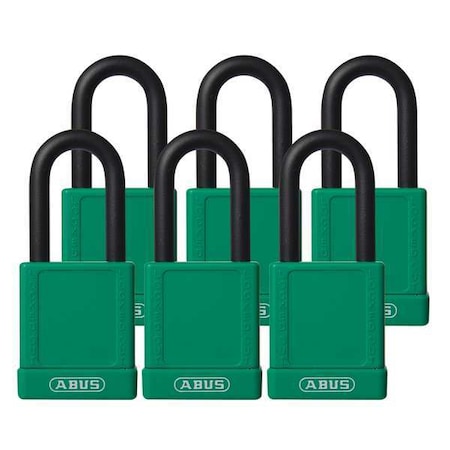 Lockout Padlock, Keyed Alike, Plastic-Covered Aluminum, Green, 1 1/2 in Shackle Height, 6 PK MPN:74/40 KAX6 GREEN