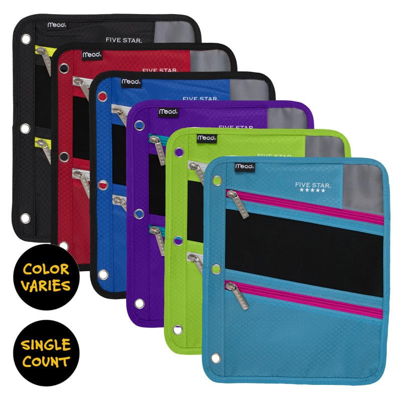 Five Star Zipper Three-Hole Punched Pencil Pouch, Assorted Colors MPN:50642