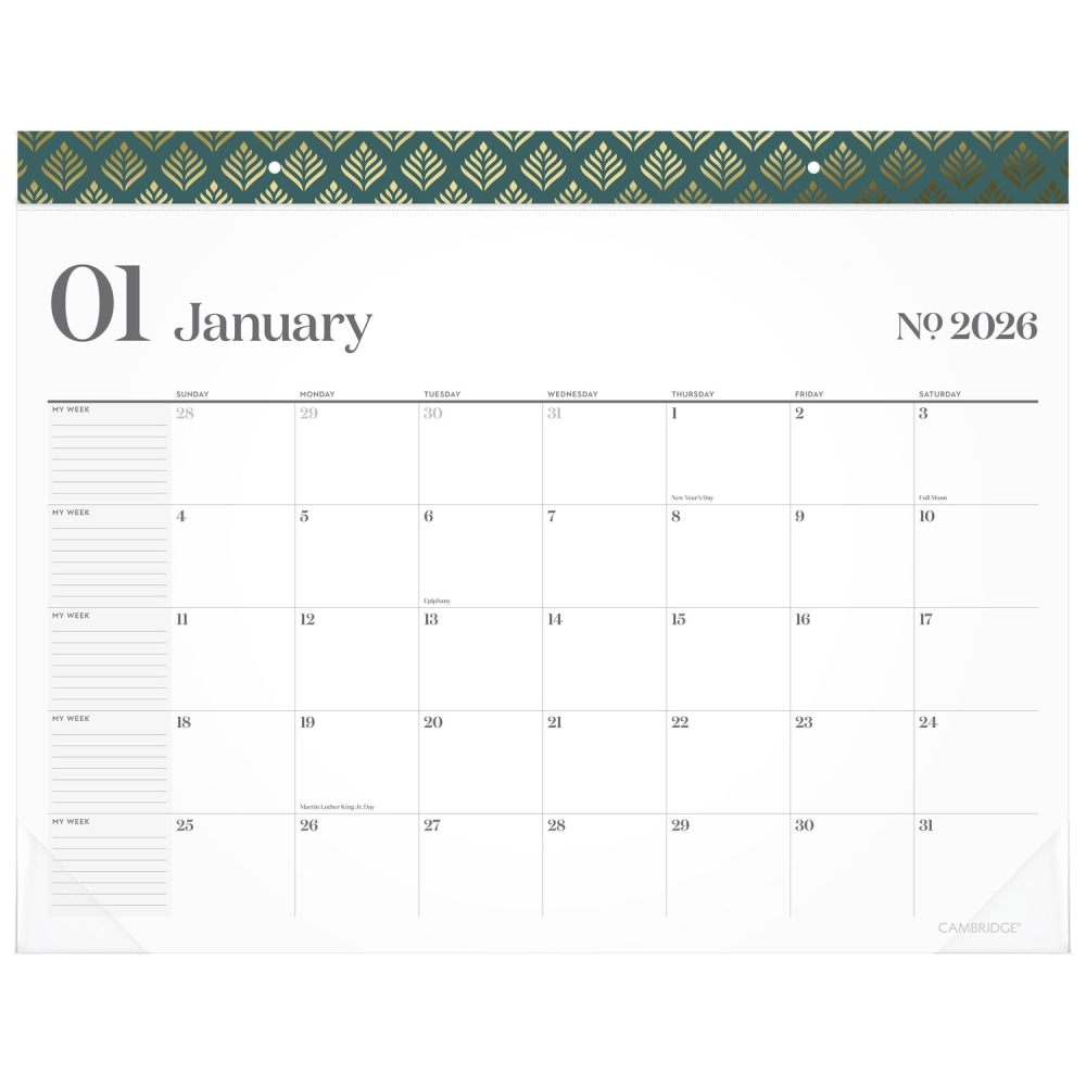 Cambridge WorkStyle 2026 Monthly Desk Pad Calendar, Transformative Teal, Standard, 21 3/4in x 17in MPN:1606-704-26