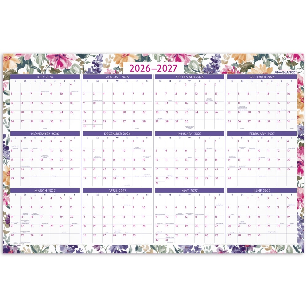 AT-A-GLANCE BADGE Reversible Erasable Academic and Regular Year 2026-2027 Wall Calendar, Floral, Large, 24in x 36in MPN:1791F-550SB-27