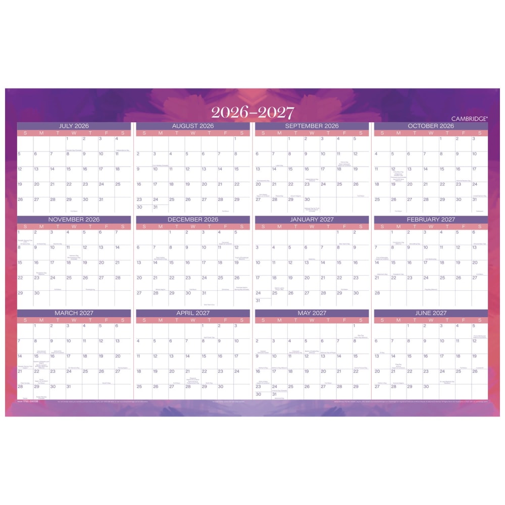 Mead Cambridge Filbert 2026-2027 Erasable Wall Calendar, Reversible Academic Year/Regular Year, Large, 24in x 36in MPN:1792-550SB-27