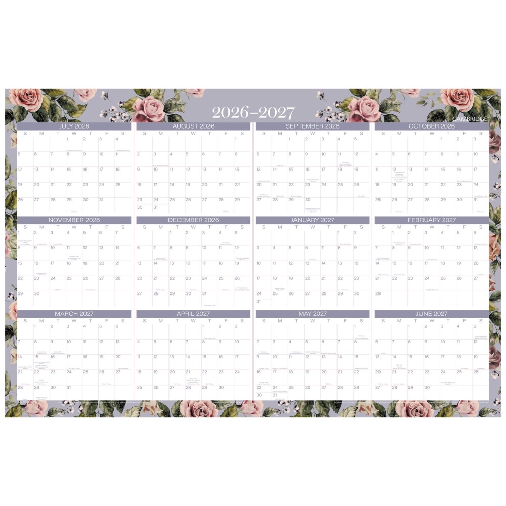 Mead Cambridge Tea Rose 2026-2027 Erasable Wall Calendar, Reversible Academic Year/Regular Year, Large, 24in x 36in MPN:1796-550SB-27