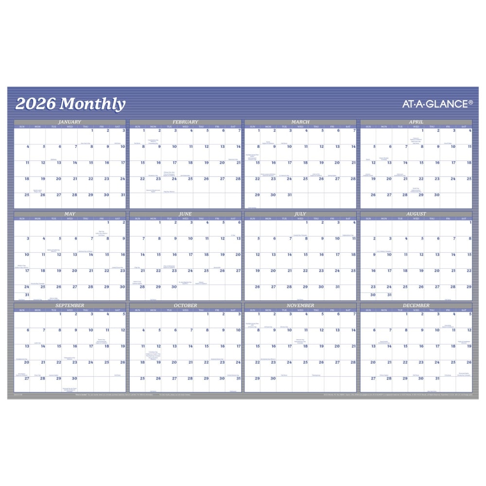 AT-A-GLANCE 2026 Vertical Horizontal Reversible Erasable Yearly Wall Calendar, Blue, Large, 24in x 36in MPN:A1102-26