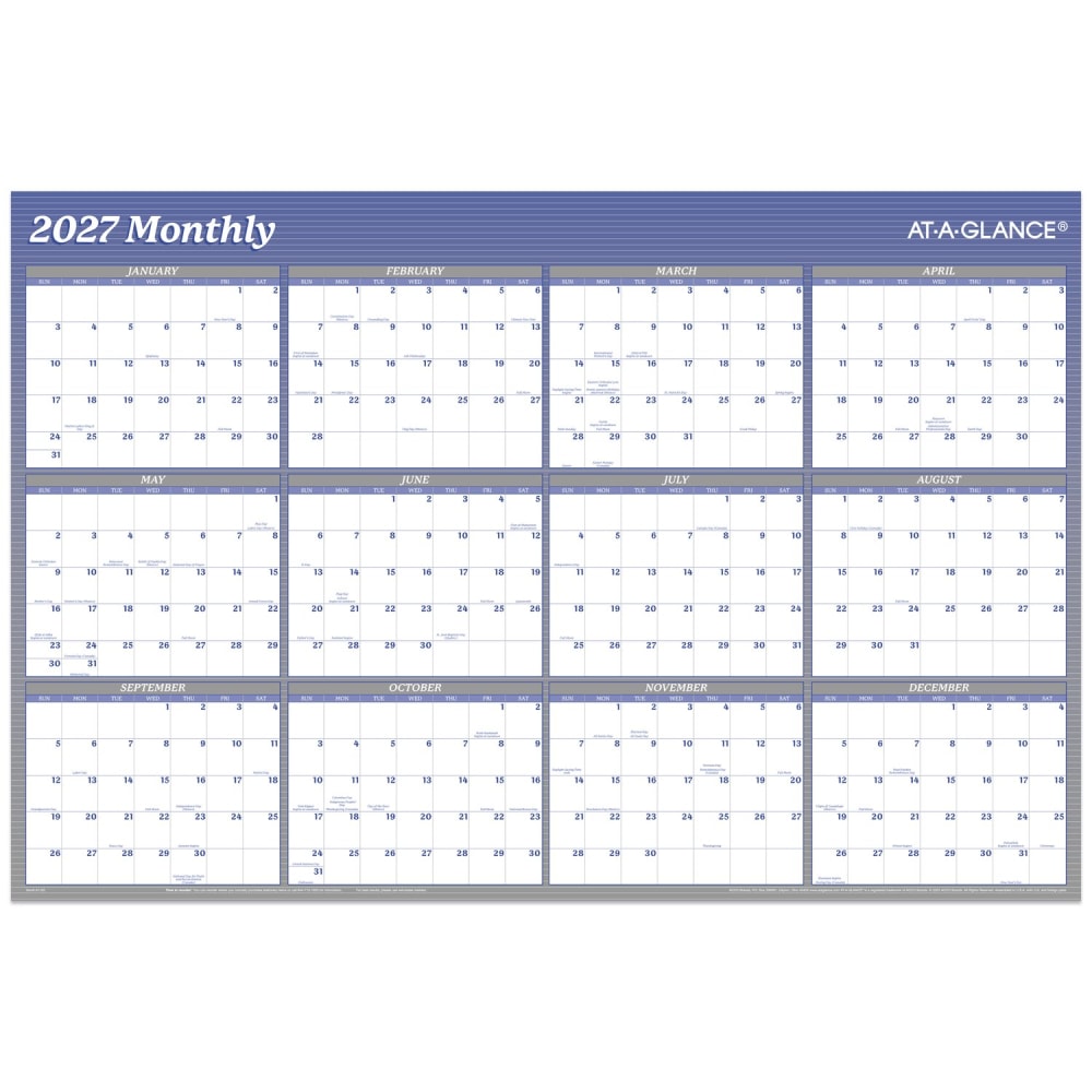 AT-A-GLANCE 2027 Vertical Horizontal Reversible Erasable Yearly Wall Calendar, Blue, Large, 24in x 36in MPN:A1102-27