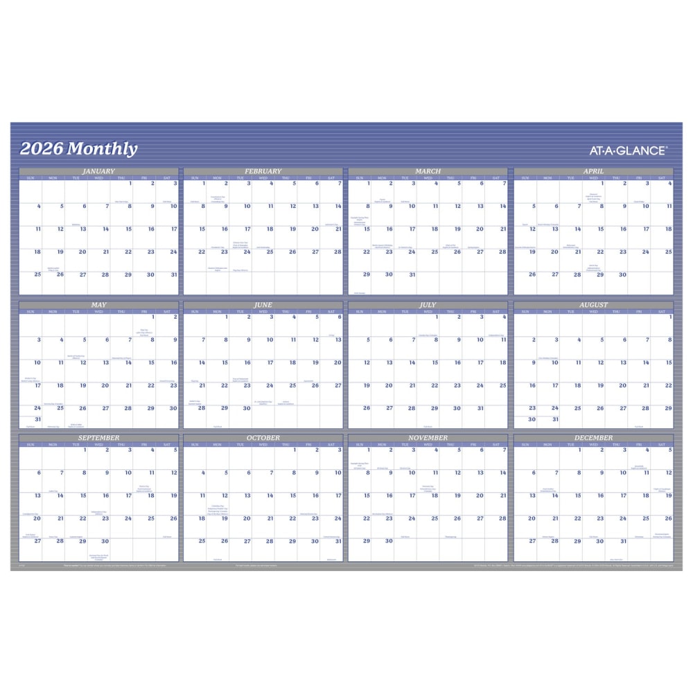AT-A-GLANCE 2026 Vertical Horizontal Reversible Erasable Yearly Wall Calendar, Blue, Extra Large, 48in x 32in MPN:A1152-26
