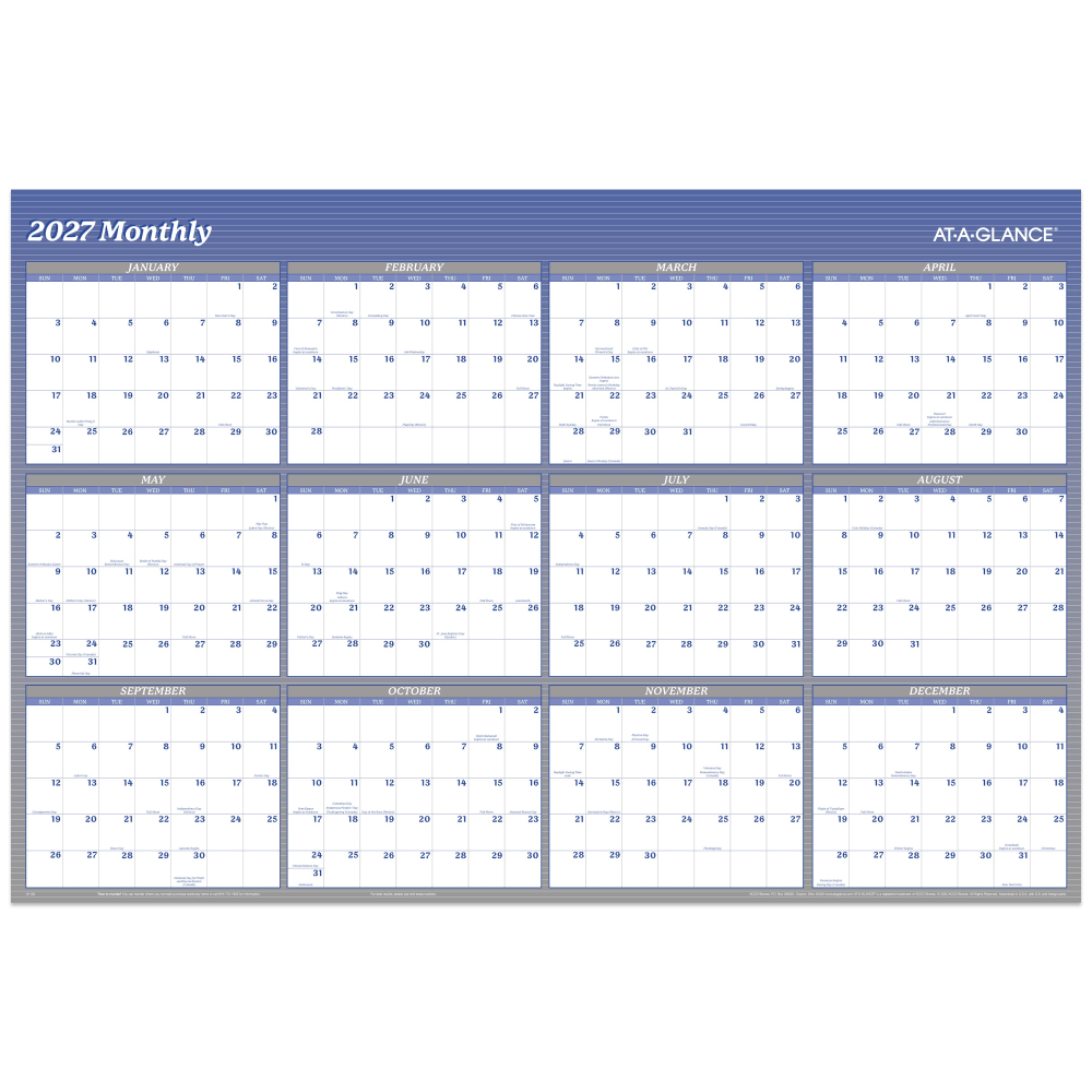 AT-A-GLANCE 2027 Vertical Horizontal Reversible Erasable Yearly Wall Calendar, Blue, Extra Large, 48in x 32in MPN:A1152-27
