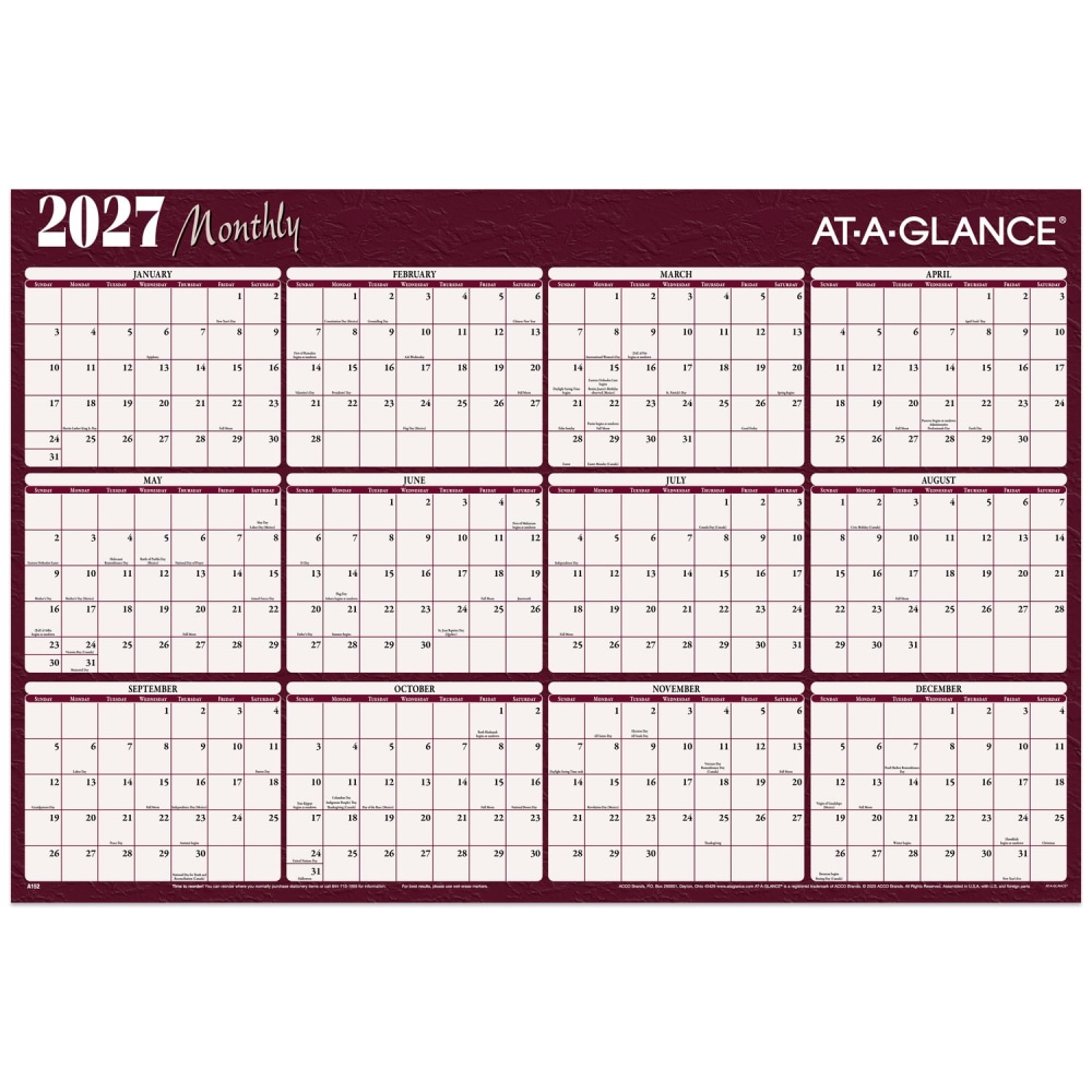 AT-A-GLANCE 2027 Horizontal Reversible Erasable Yearly Wall Calendar, Red and Blue, Extra Large, 48in x 32in MPN:A152-27