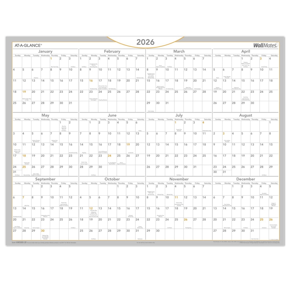AT-A-GLANCE 2026 WallMates Self-Adhesive Dry-Erase Yearly Calendar, Large, 24in x 18in MPN:AW50602826