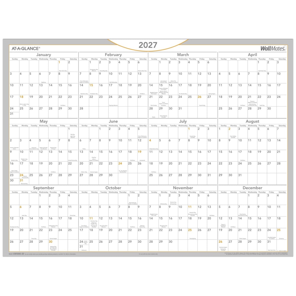 AT-A-GLANCE 2027 WallMates Self-Adhesive Dry-Erase Yearly Calendar, Large, 24in x 18in MPN:AW50602827