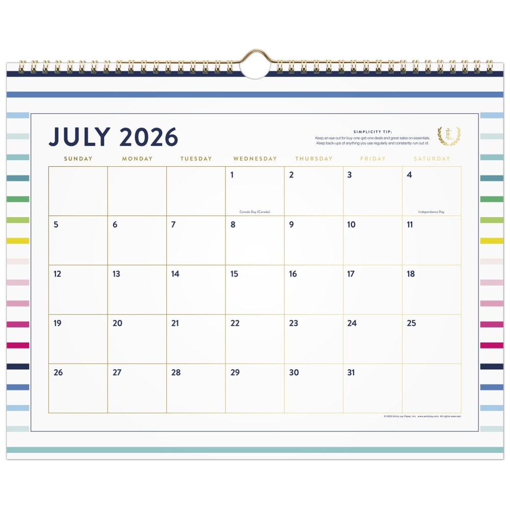 Simplified by Emily Ley for AT-A-GLANCE Academic 2026-2027 Monthly Wall Calendar, Happy Stripe, Medium, 12in x 15in MPN:EL49-707A-27