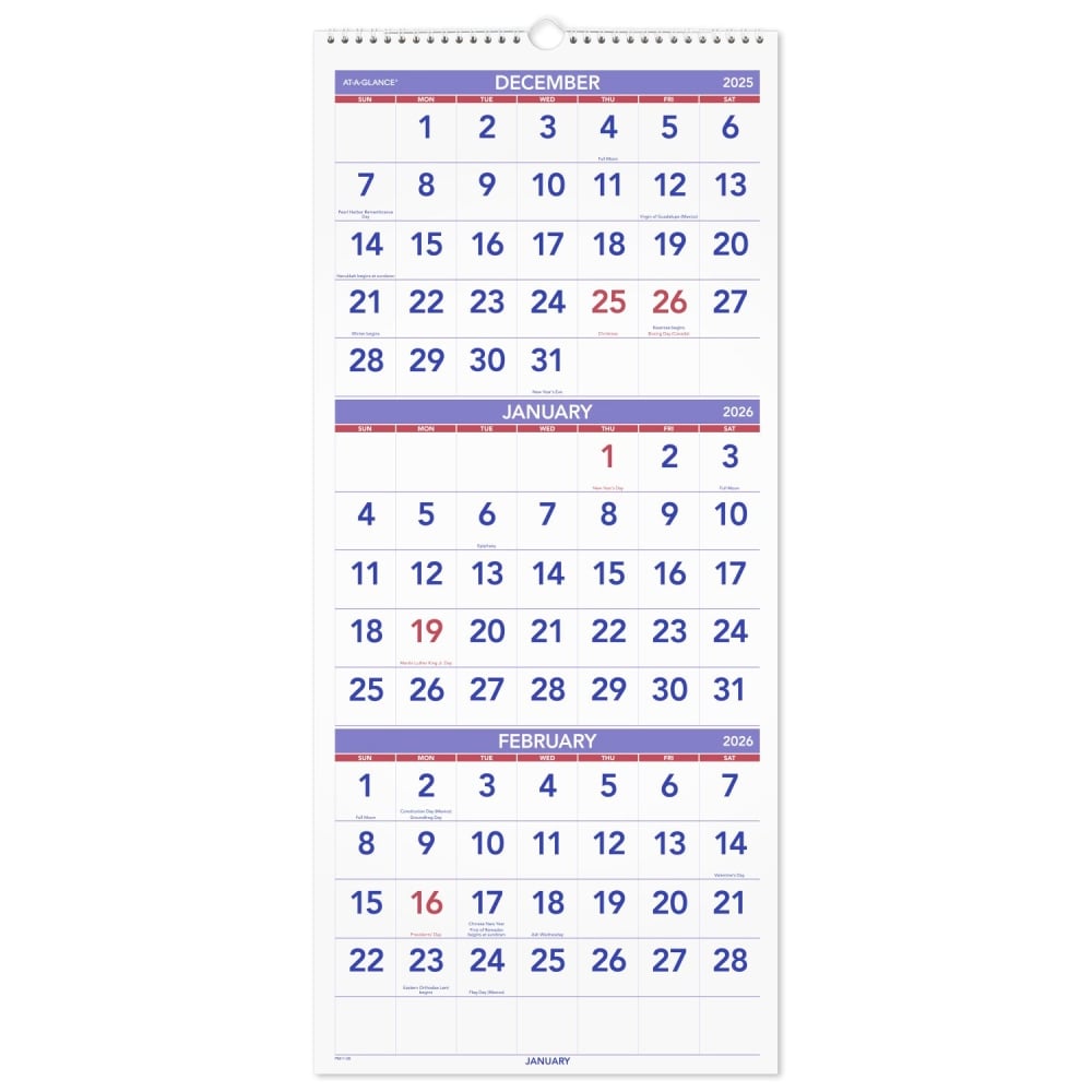 AT-A-GLANCE 2026 Three Month Reference Vertical Wall Calendar, Large, 12in x 27in MPN:PM112826