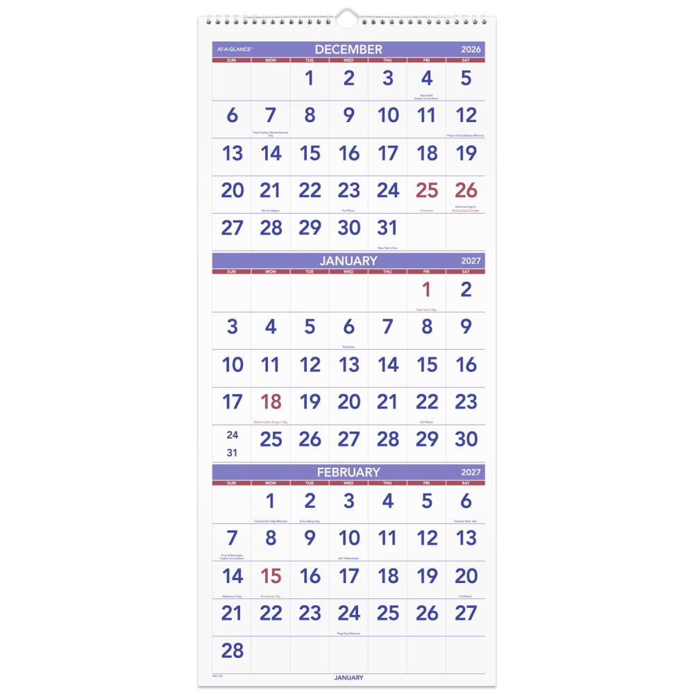 AT-A-GLANCE 2027 Three Month Reference Vertical Wall Calendar, Large, 12in x 27in MPN:PM112827