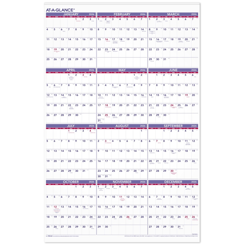 AT-A-GLANCE 2026 Yearly Wall Calendar, Extra Large, 24in x 36in MPN:PM122826