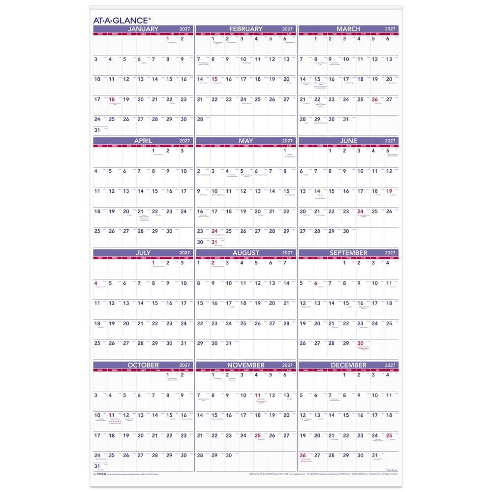 AT-A-GLANCE 2027 Yearly Wall Calendar, Extra Large, 24in x 36in MPN:PM122827