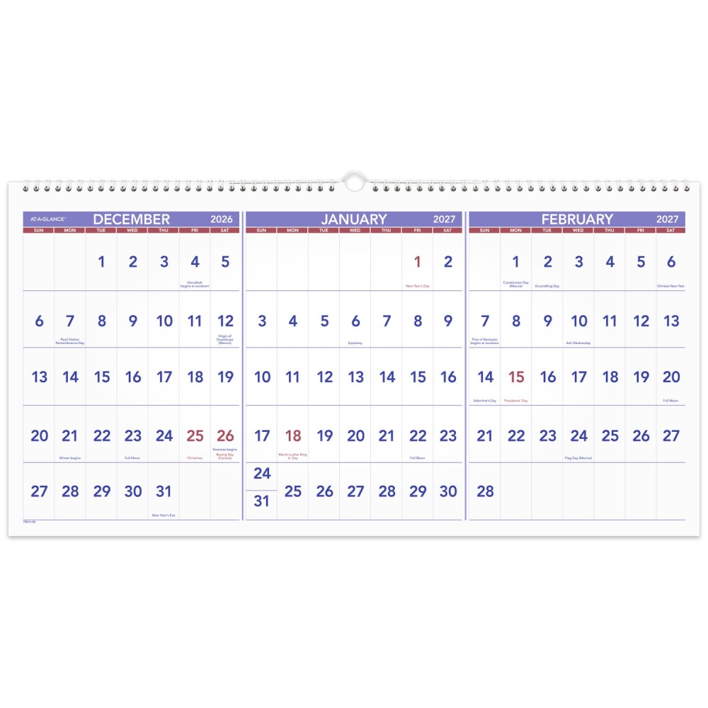 AT-A-GLANCE 2027 Three Month Reference Horizontal Wall Calendar, Large, 12in x 27in MPN:PM142827
