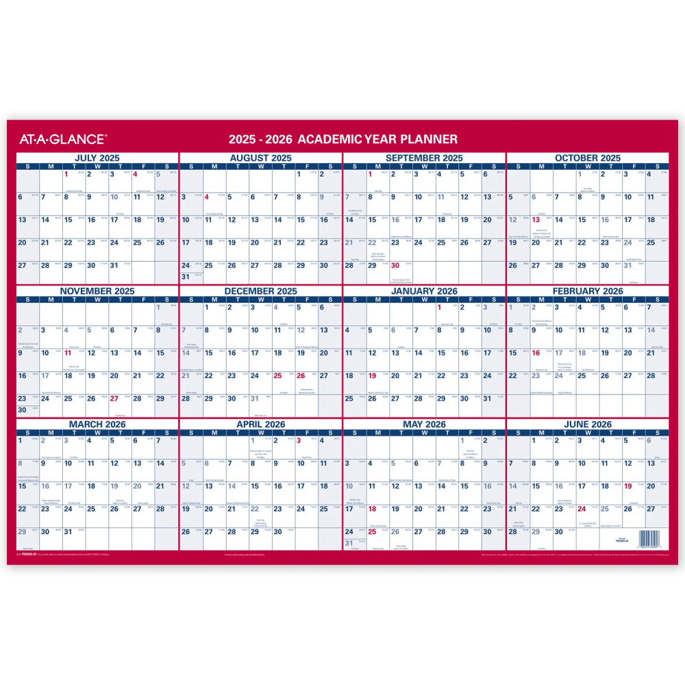AT-A-GLANCE Horizontal Reversible Erasable Academic and Regular Year 2025-2026 Wall Calendar, Large, 36in x 24in MPN:PM200S2826