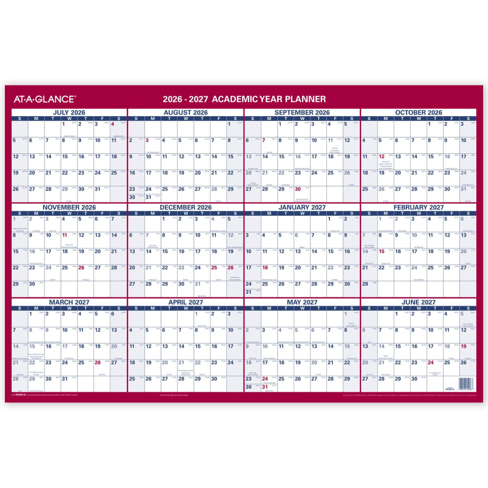 AT-A-GLANCE Horizontal Reversible Erasable Academic and Regular Year 2026-2027 Wall Calendar, Large, 36in x 24in MPN:PM200S2827