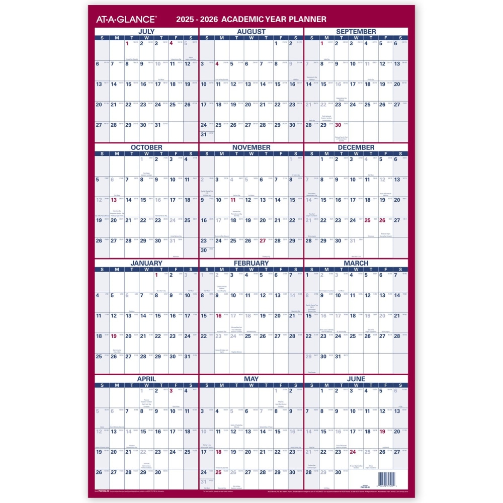 AT-A-GLANCE Vertical Reversible Erasable Academic and Regular Year 2025-2026 Wall Calendar, Large, 36in x 24in MPN:PM210S2826