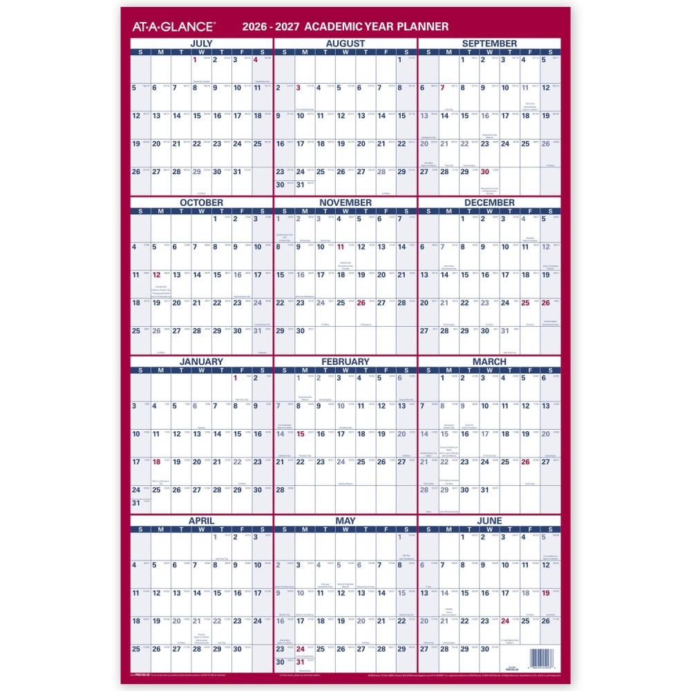 AT-A-GLANCE Vertical Reversible Erasable Academic and Regular Year 2026-2027 Wall Calendar, Large, 36in x 24in MPN:PM210S2827