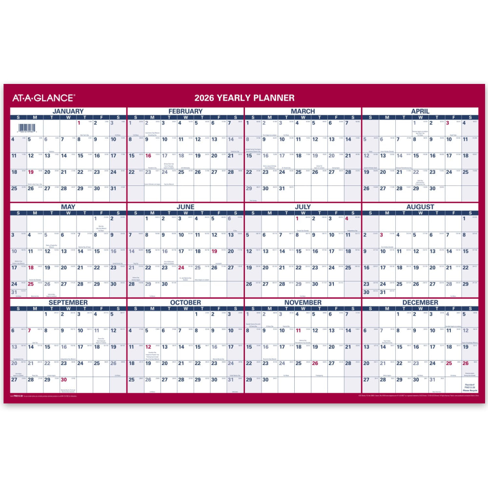 AT-A-GLANCE 2026 Vertical Horizontal Reversible Yearly Wall Calendar, Large, 24in x 36in MPN:PM2122826