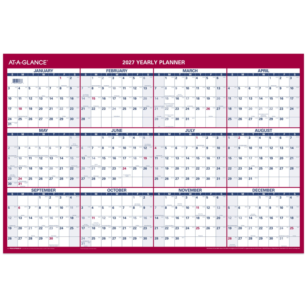 AT-A-GLANCE 2027 Vertical Horizontal Reversible Erasable Yearly Wall Calendar, With Marker, Large, 36in x 24in MPN:PM262827