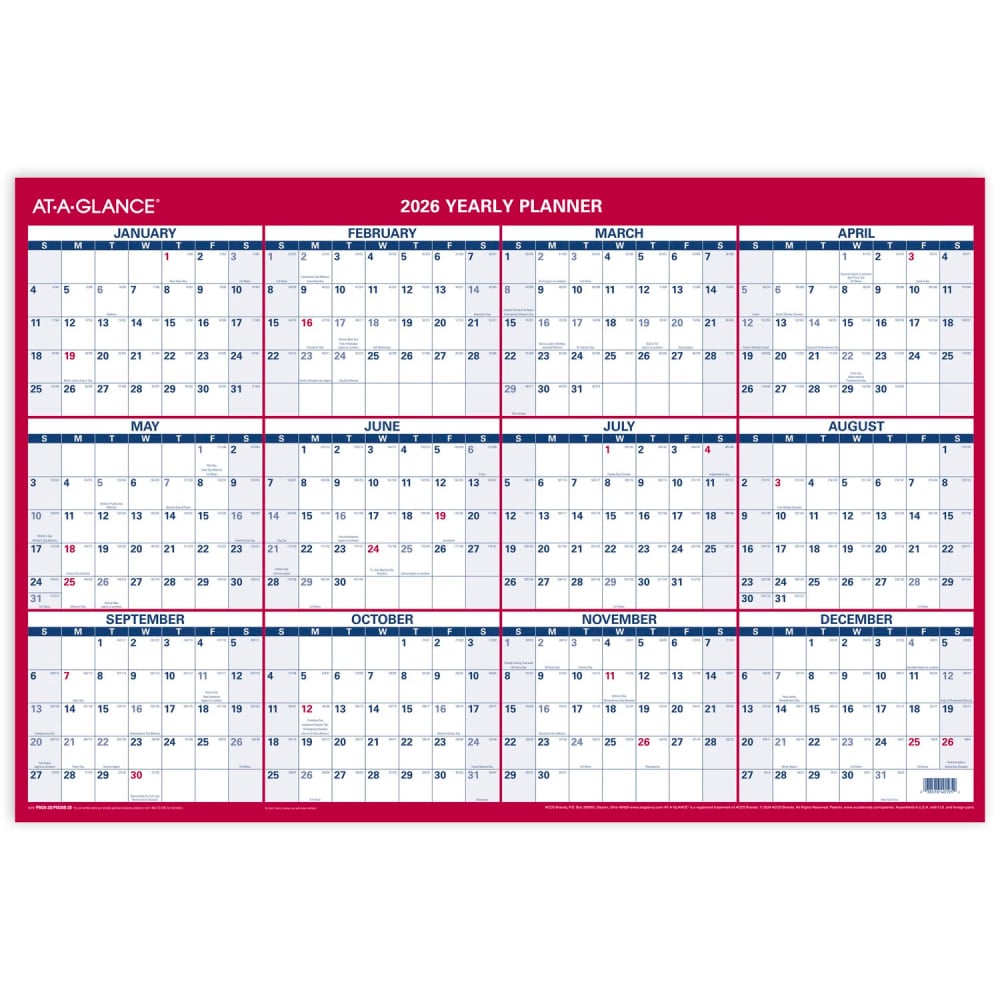 AT-A-GLANCE 2026 Vertical Horizontal Reversible Erasable Yearly Wall Calendar, Large, 24in x 36in MPN:PM26B2826