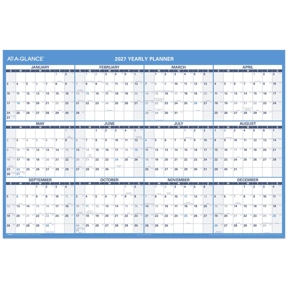 AT-A-GLANCE 2027 Horizontal Reversible Erasable Yearly Wall Calendar, Extra Large, 48in x 32in MPN:PM3002827
