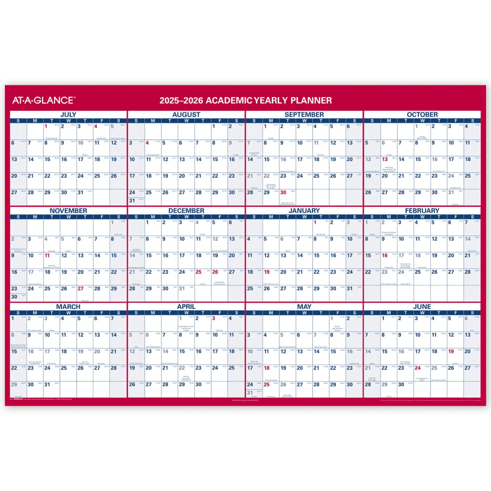 AT-A-GLANCE Horizontal Reversible Erasable Academic and Regular Year 2025-2026 Wall Calendar, Extra Large, 48in x 32in MPN:PM326S2826