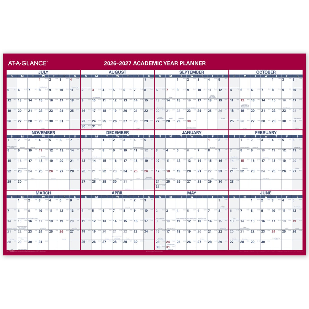 AT-A-GLANCE Horizontal Reversible Erasable Academic and Regular Year 2026-2027 Wall Calendar, Extra Large, 48in x 32in MPN:PM326S2827