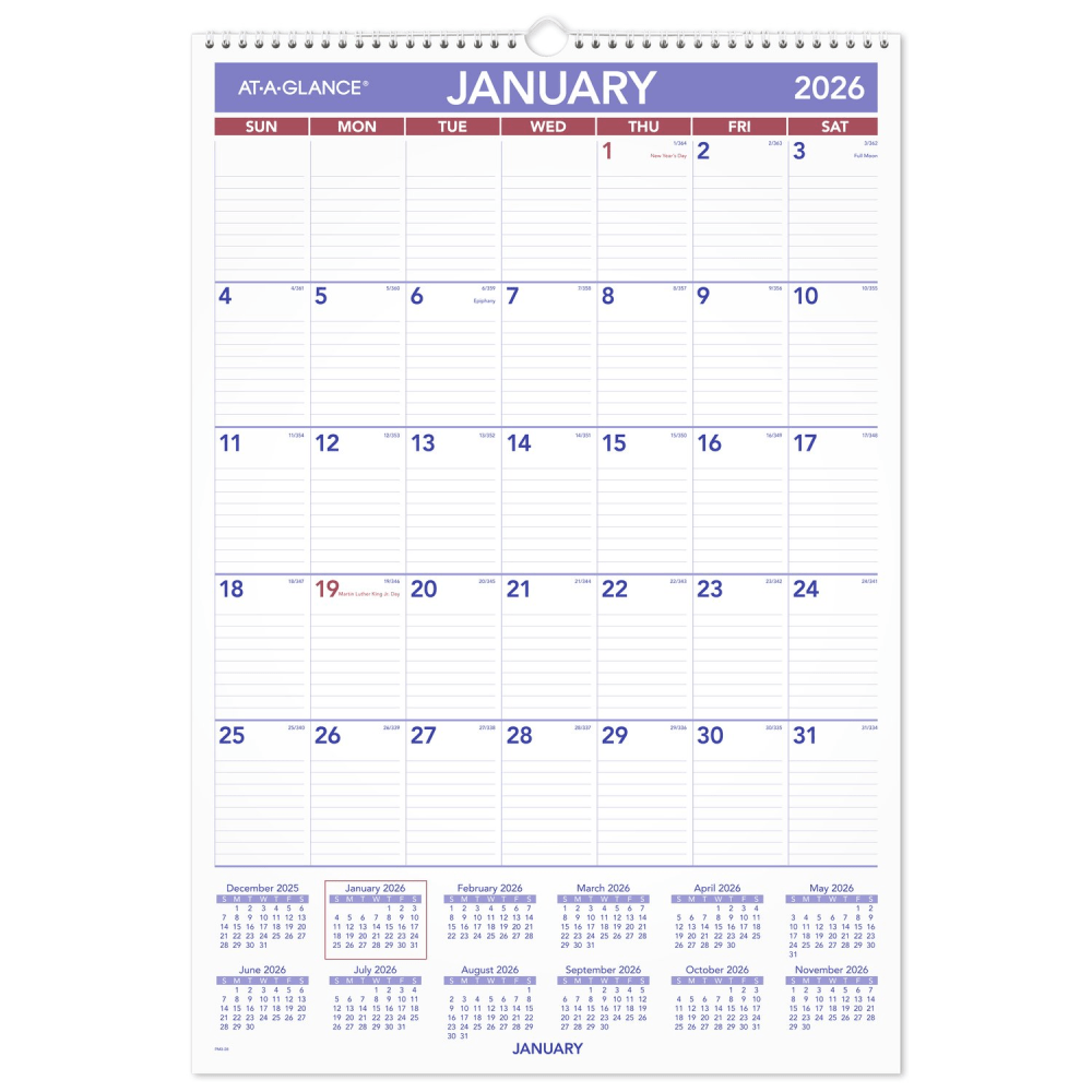 AT-A-GLANCE 2026 Monthly Wall Calendar, Large, 15 1/2in x 22 3/4in MPN:PM32826