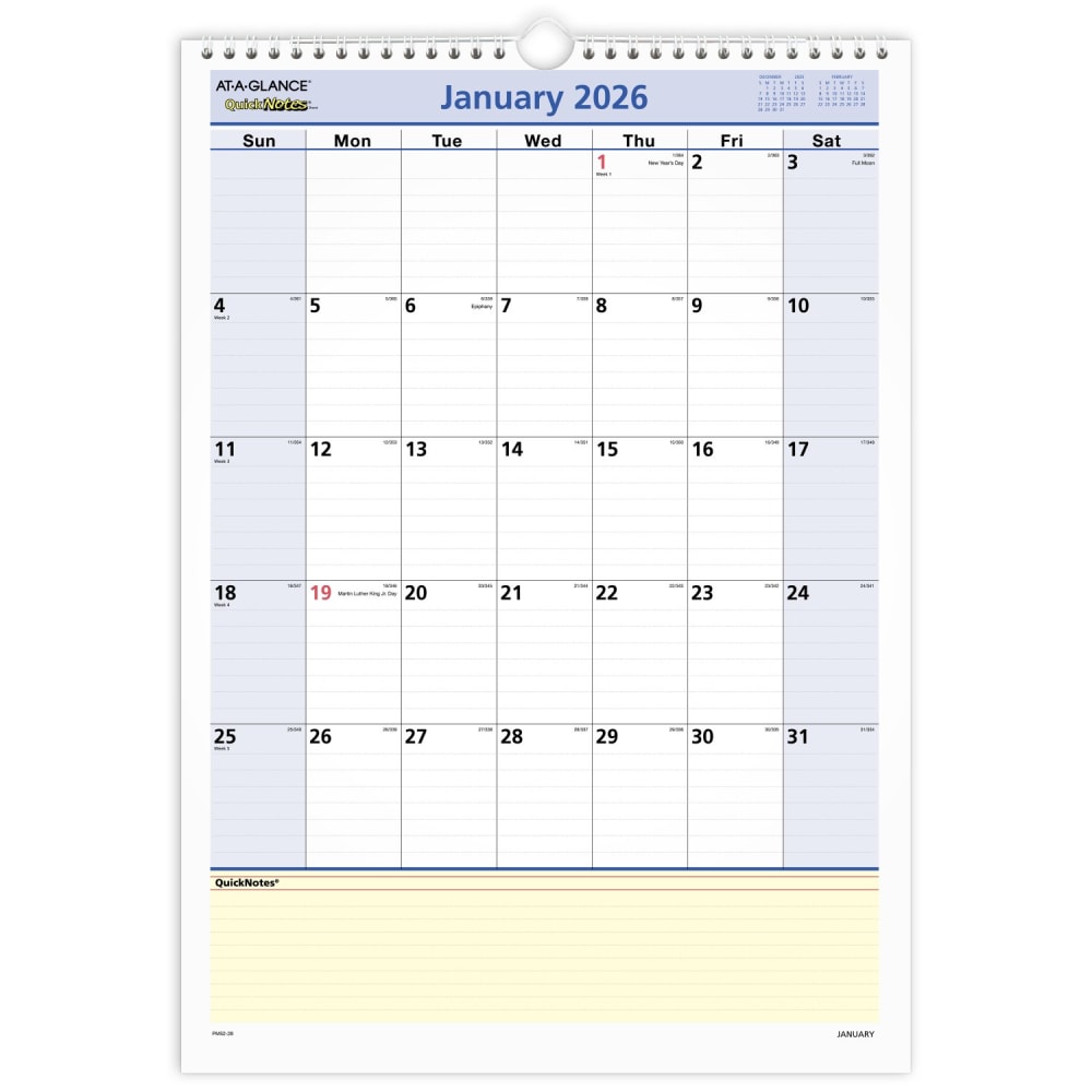 AT-A-GLANCE QuickNotes 2026 Monthly Desk Wall Calendar, Medium, 12in x 17in MPN:PM522826