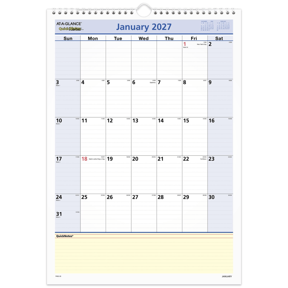AT-A-GLANCE QuickNotes 2027 Monthly Desk Wall Calendar, Medium, 12in x 17in MPN:PM522827