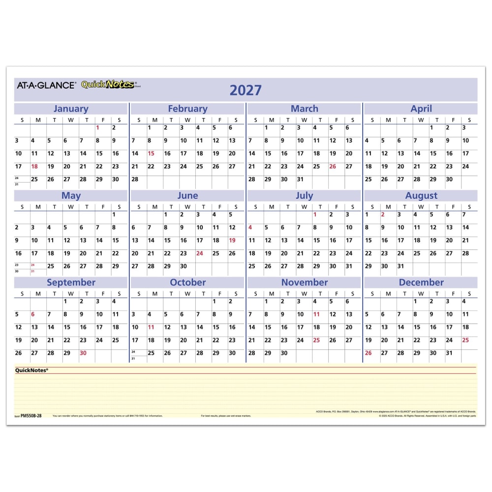 AT-A-GLANCE QuickNotes 2027 Reversible Erasable Monthly Yearly Wall Calendar, Small, 16in x 12in MPN:PM550B2827