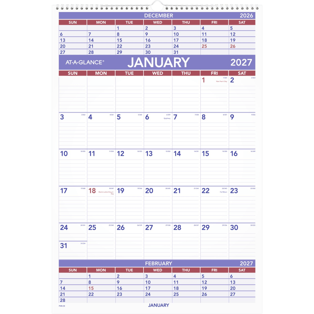 AT-A-GLANCE 2027 Three Month Wall Calendar, Large, 15 1/2in x 22 3/4in MPN:PM62827