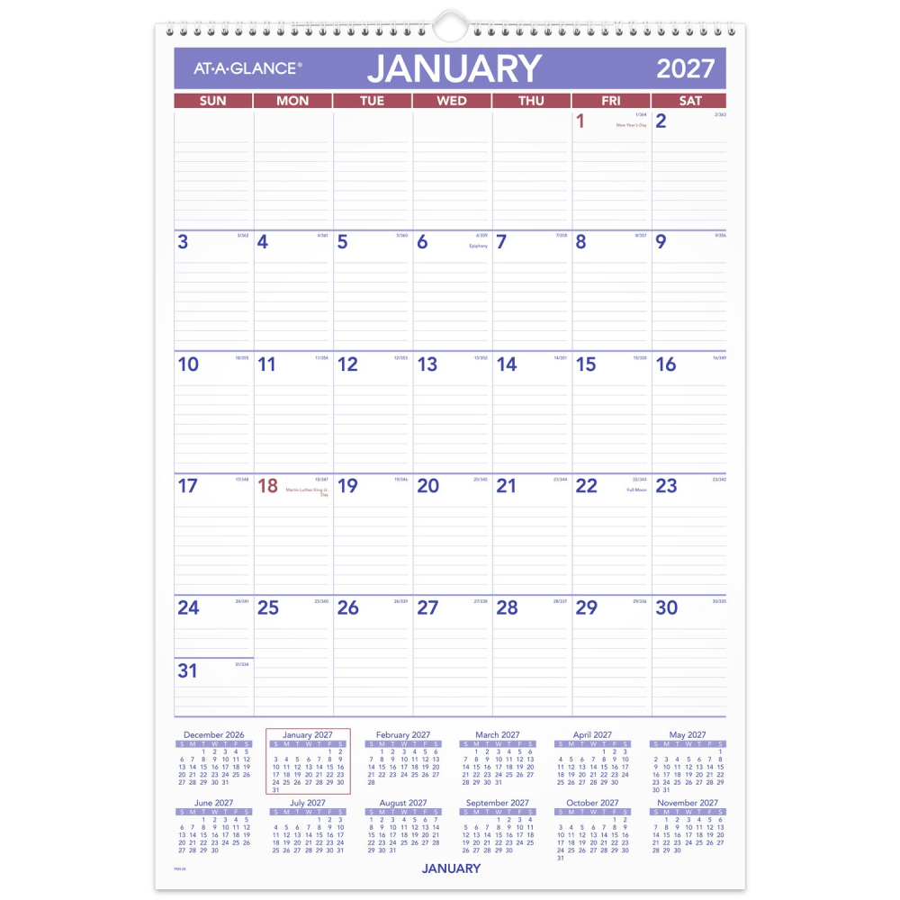 AT-A-GLANCE 2027 Erasable Monthly Wall Calendar, Large, 15 1/2in x 22 3/4in MPN:PMLM032827