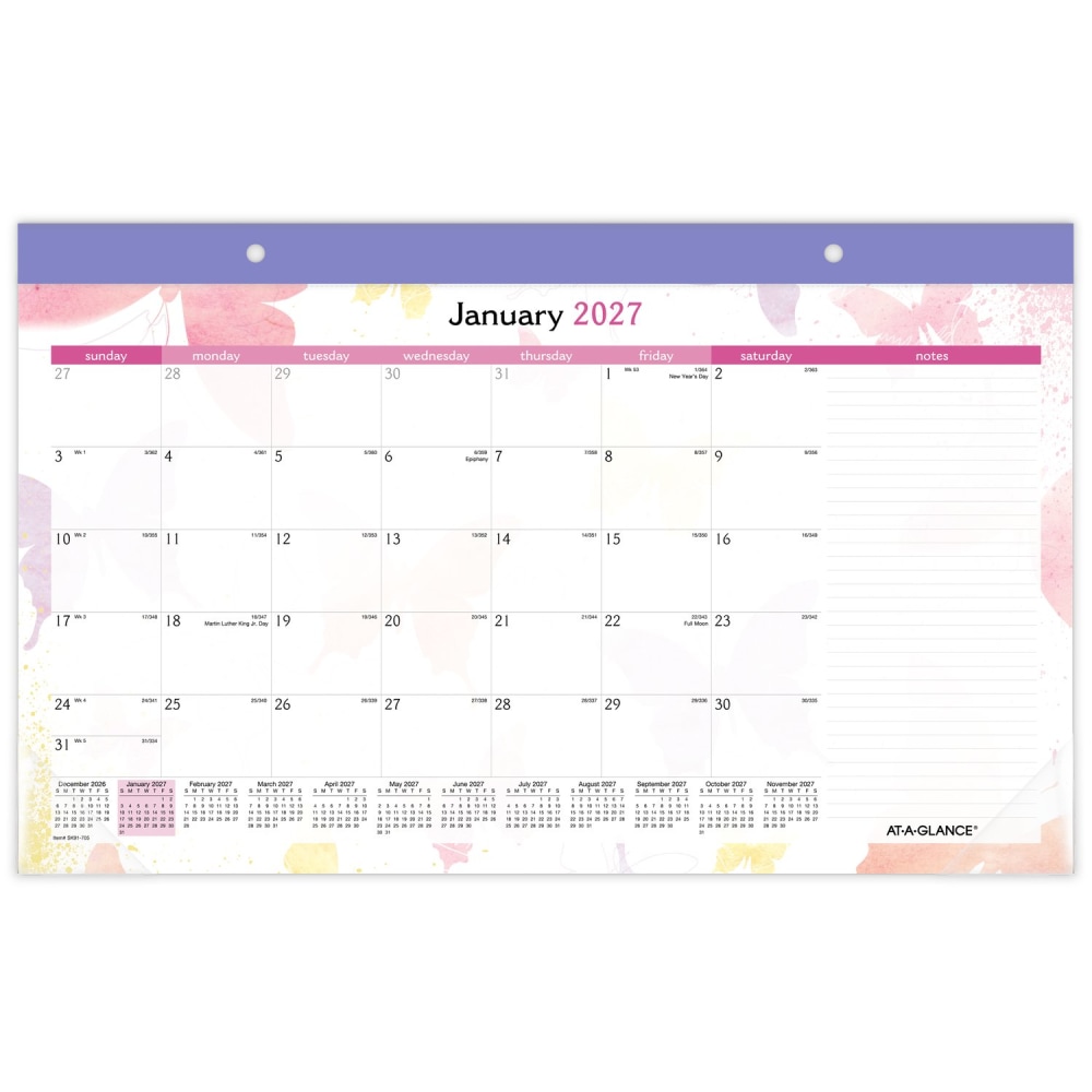 AT-A-GLANCE Watercolors 2027 Monthly Desk Pad Calendar, Compact, 17 3/4in x 11in MPN:SK91-705-27