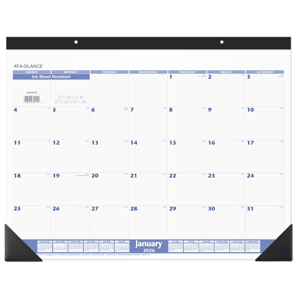 AT-A-GLANCE 2026 Monthly Desk Pad Calendar, Blue and Gray, Standard, 21 3/4in x 17in MPN:SW2000026