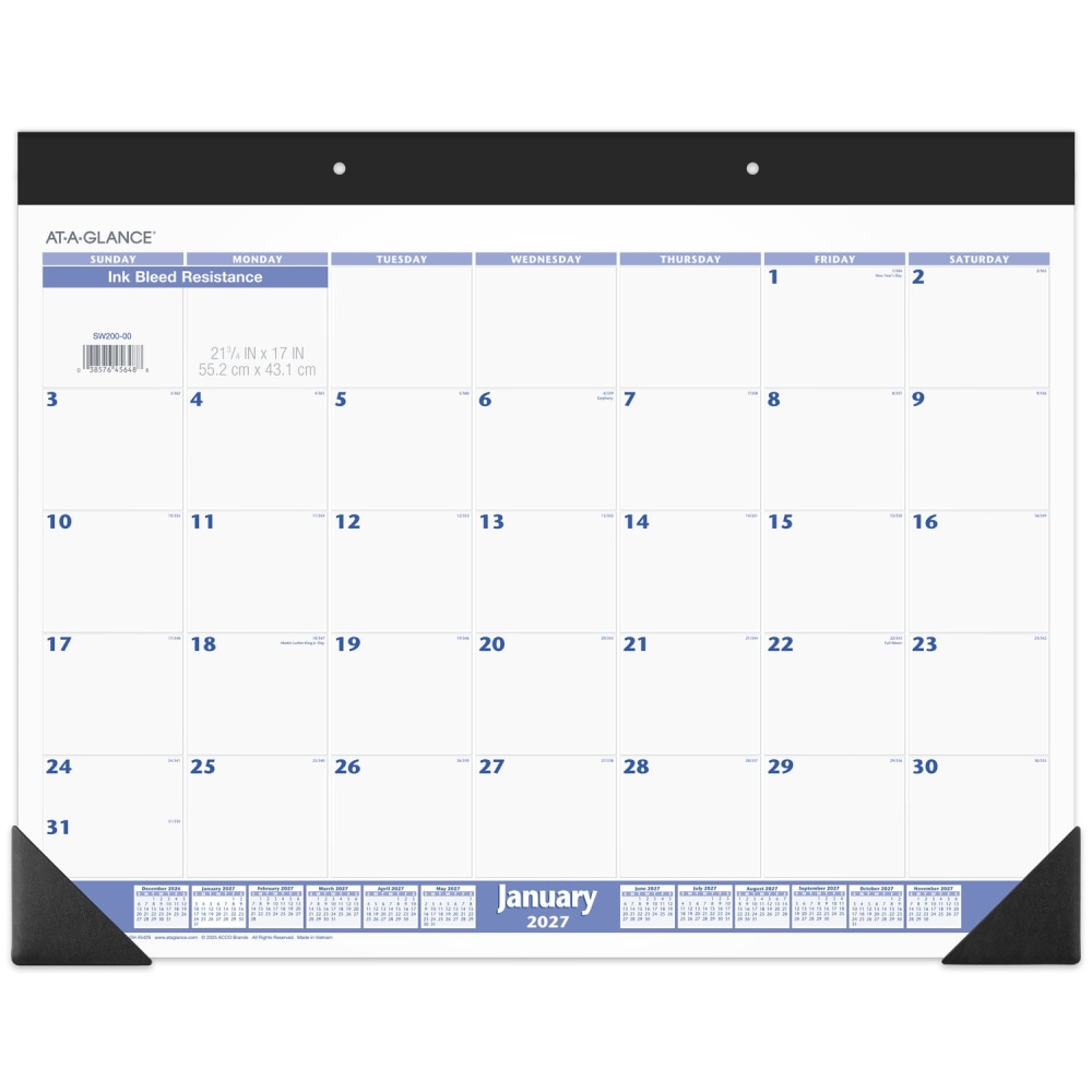 AT-A-GLANCE 2027 Monthly Desk Pad Calendar, Blue and Gray, Standard, 21 3/4in x 17in MPN:SW2000027